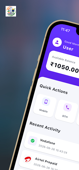 India Recharge Commission app dashboard showing available balance and quick recharge actions