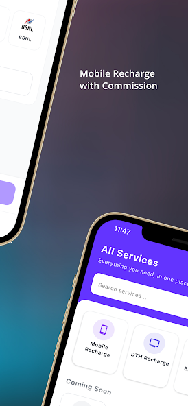 India Recharge Commission app services screen with mobile and DTH recharge